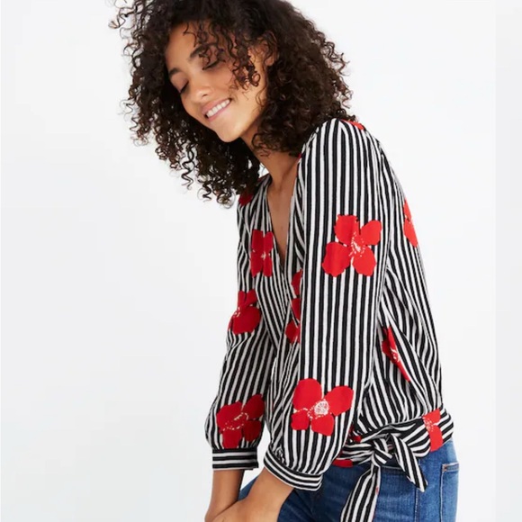 ❤️🌹 Madewell Striped Floral Tie-Front Blouse – Medium 🌹❤️ - Picture 2 of 9